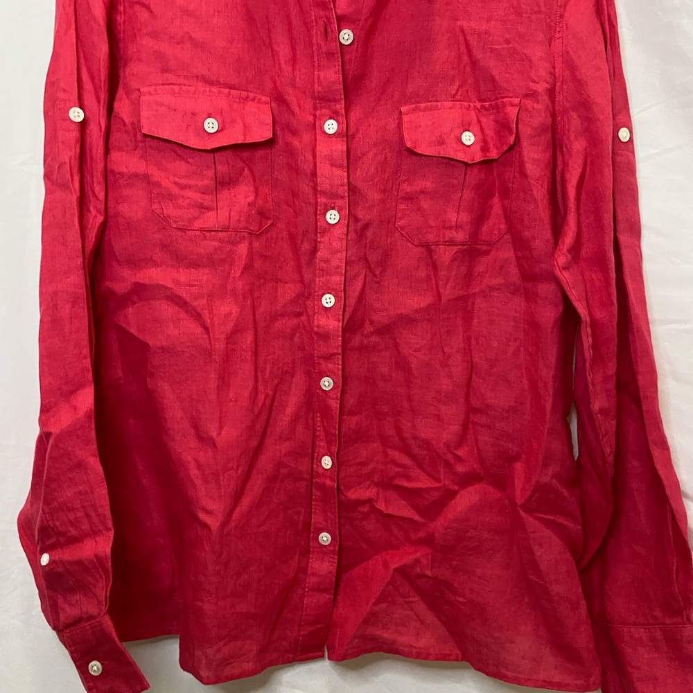 Land’s End linen coral red button down blouse top, size M - Picture 3 of 8